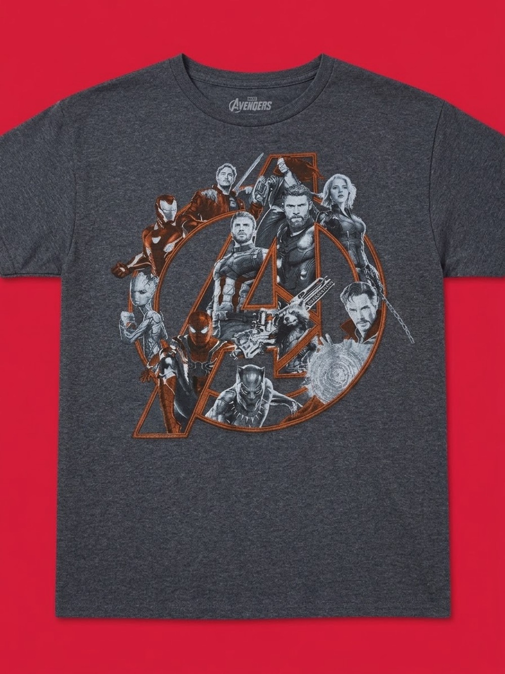 Marvel Avengers Heather Charcoal Graphic Tee with Orange Accents